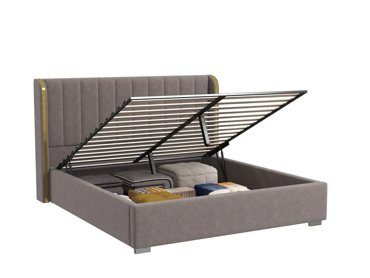 Pat dormitor tapitat gri, Lyon 160x200 cm, somiera rabatabila inclusa, spatiu depozitare