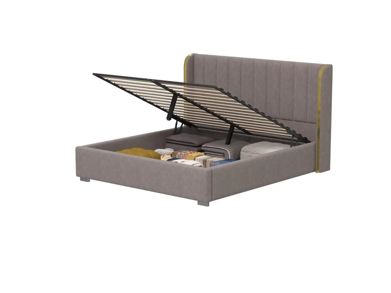 Pat dormitor tapitat gri, Lyon 160x200 cm, somiera rabatabila inclusa, spatiu depozitare