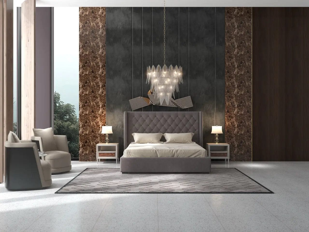 Pat dormitor dumonde, tapitat gri, Luxury 160x200 cm, somiera rabatabila inclusa, spatiu depozitare