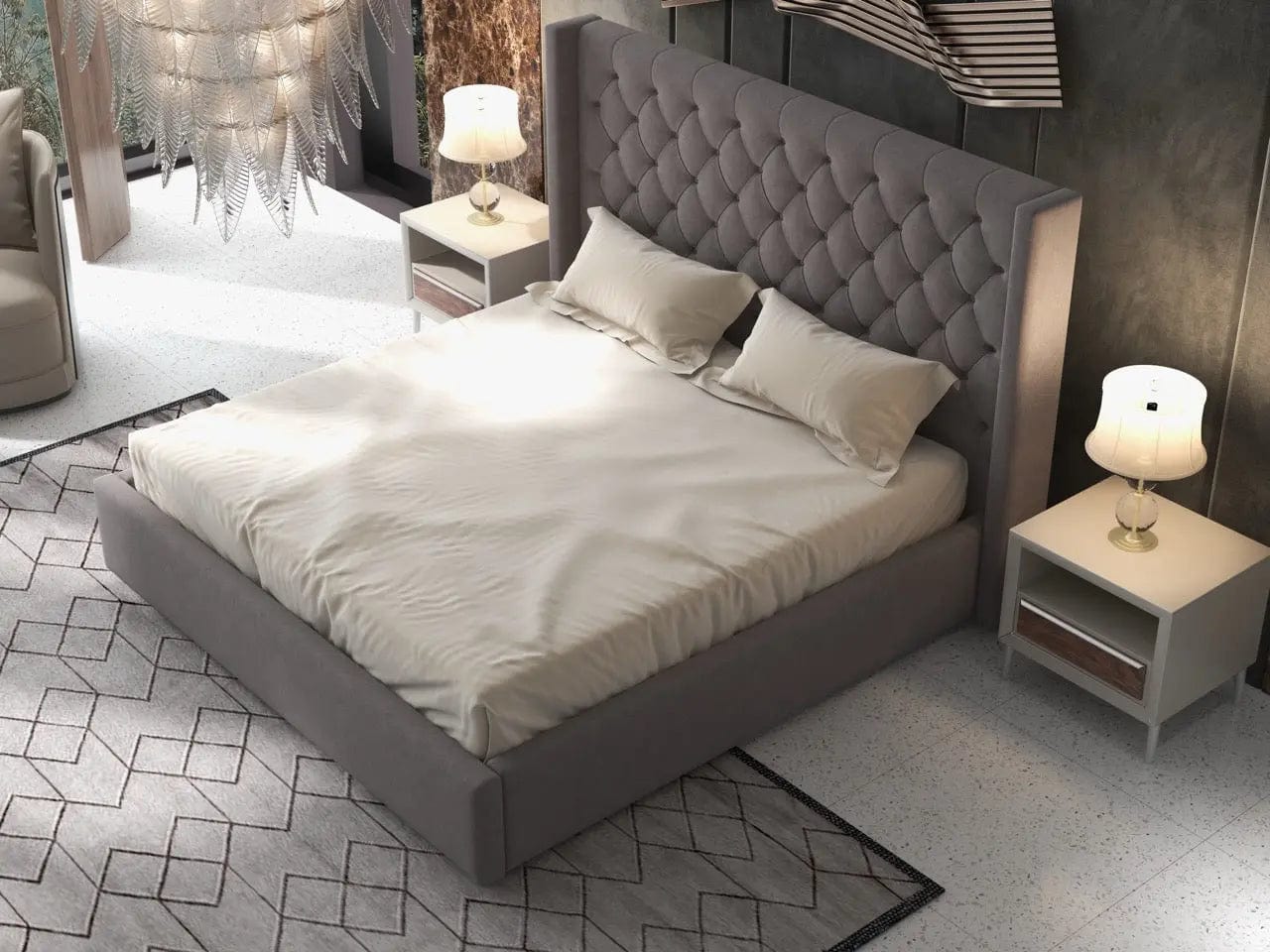 Pat dormitor dumonde, tapitat gri, Luxury 160x200 cm, somiera rabatabila inclusa, spatiu depozitare