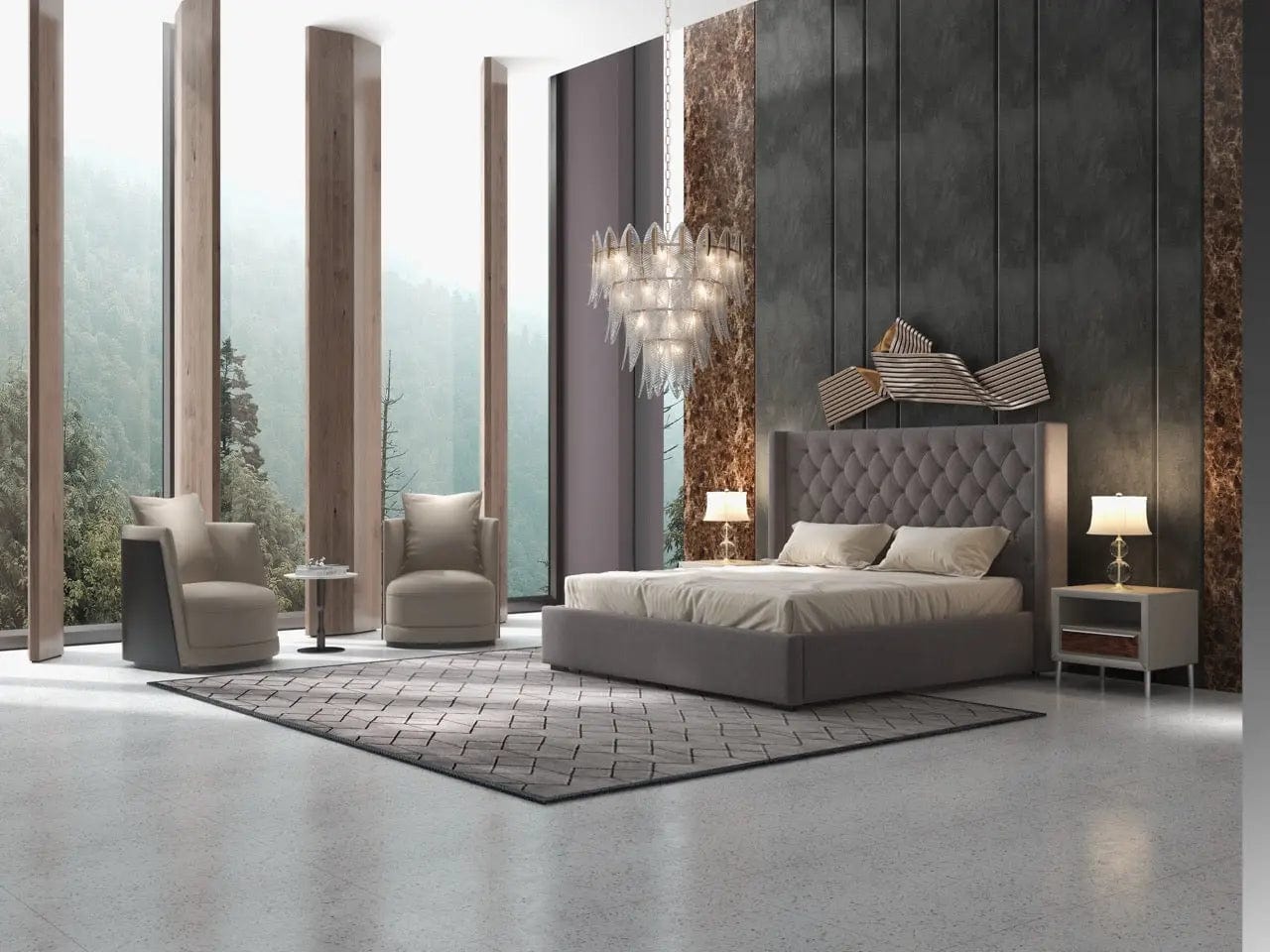 Pat dormitor dumonde, tapitat gri, Luxury 160x200 cm, somiera rabatabila inclusa, spatiu depozitare