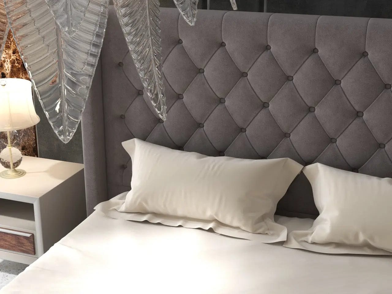 Pat dormitor dumonde, tapitat gri, Luxury 160x200 cm, somiera rabatabila inclusa, spatiu depozitare