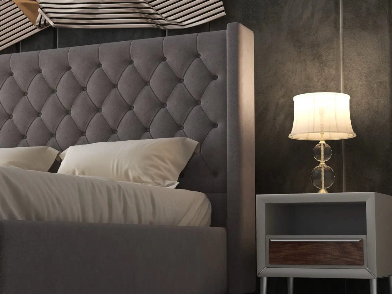 Pat dormitor dumonde, tapitat gri, Luxury 160x200 cm, somiera rabatabila inclusa, spatiu depozitare