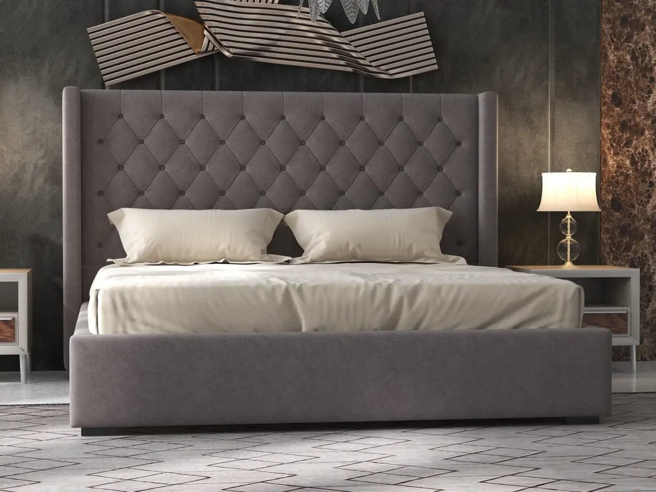 Pat dormitor dumonde, tapitat gri, Luxury 160x200 cm, somiera rabatabila inclusa, spatiu depozitare