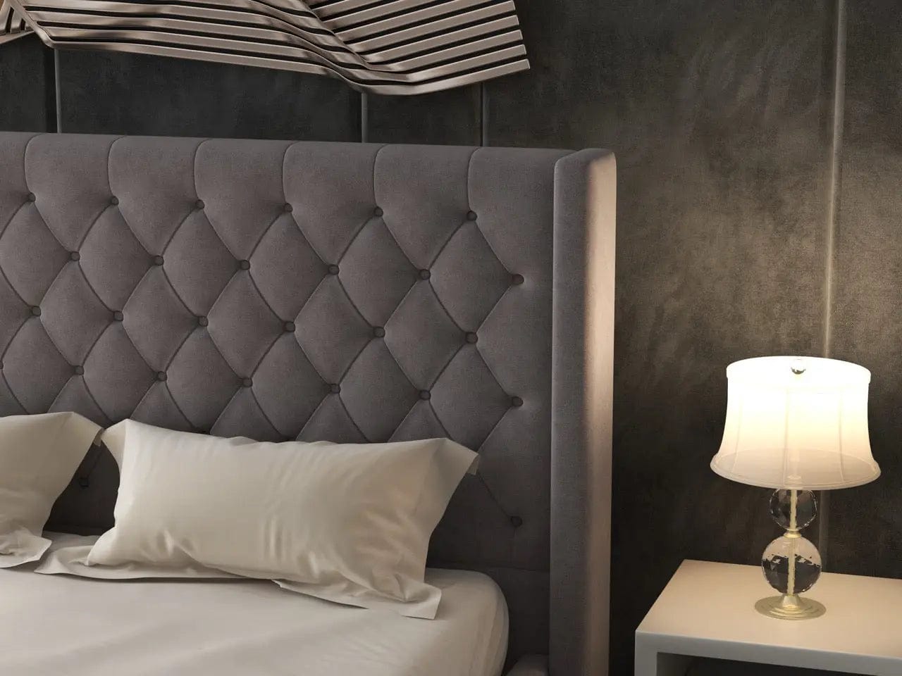 Pat dormitor dumonde, tapitat gri, Luxury 160x200 cm, somiera rabatabila inclusa, spatiu depozitare