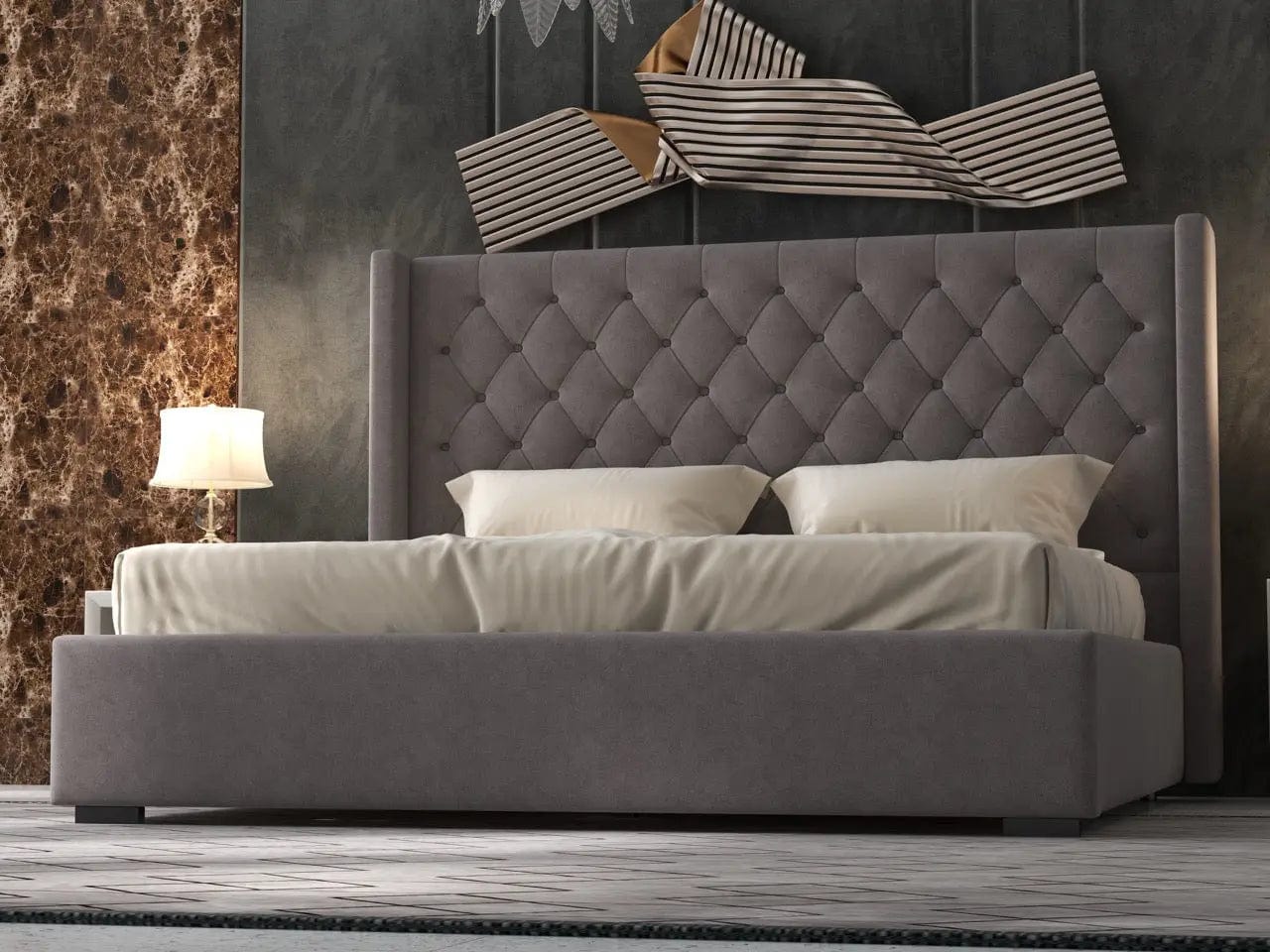 Pat dormitor dumonde, tapitat gri, Luxury 160x200 cm, somiera rabatabila inclusa, spatiu depozitare