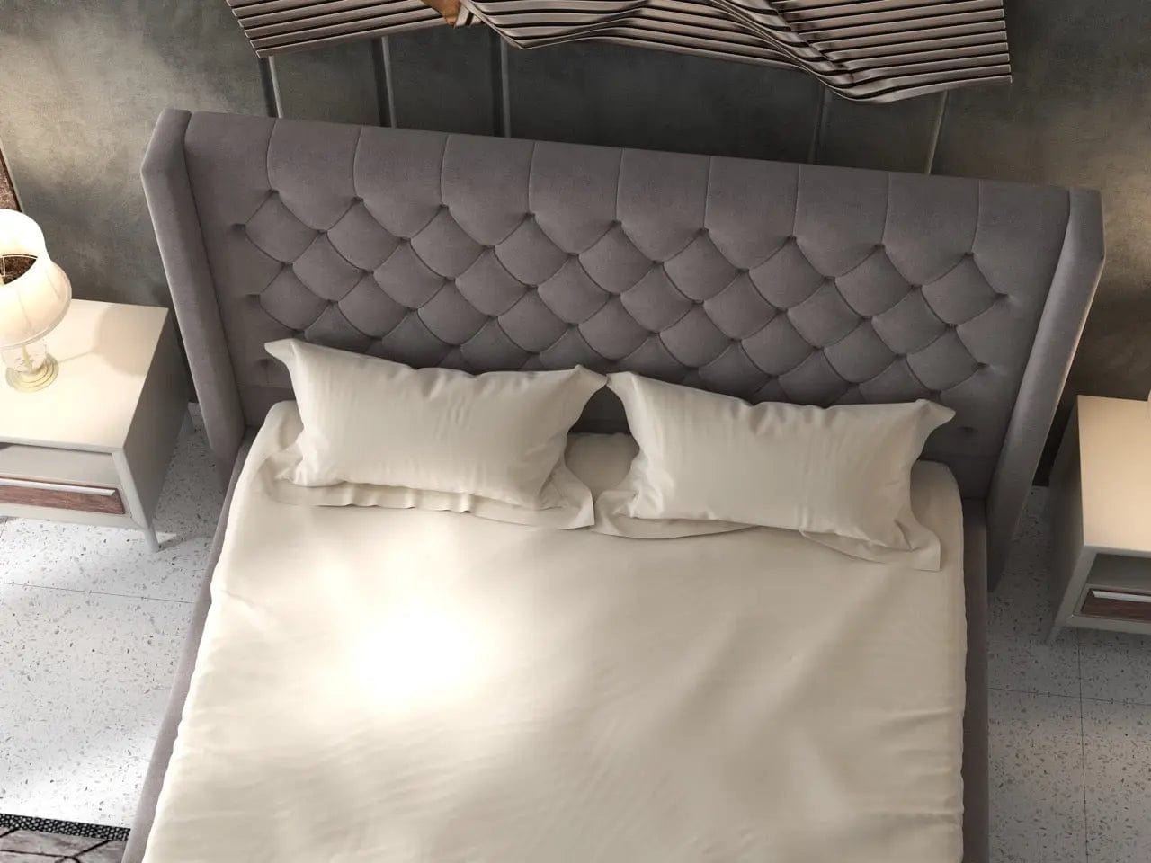 Pat dormitor dumonde, tapitat gri, Luxury 160x200 cm, somiera rabatabila inclusa, spatiu depozitare