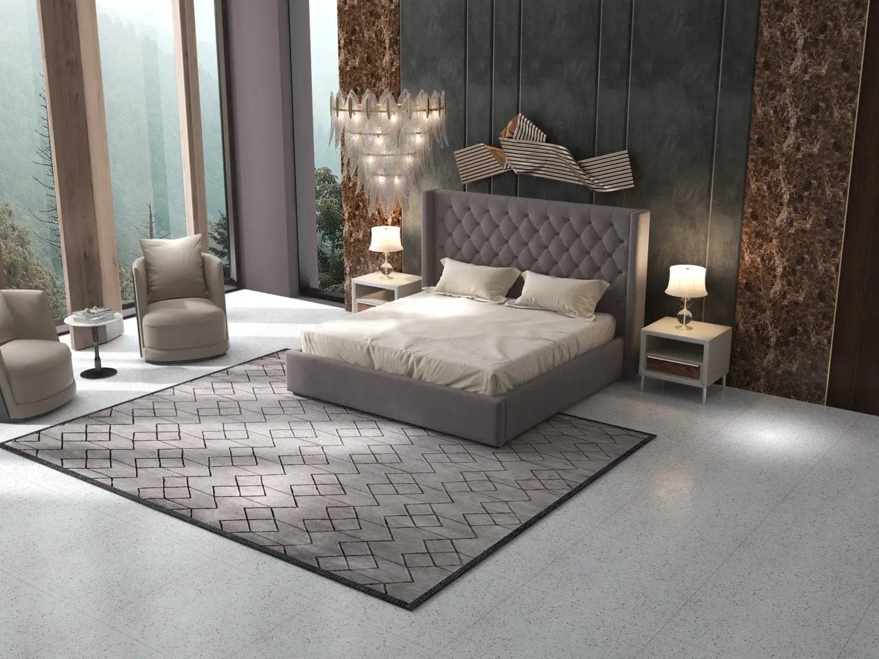 Pat dormitor dumonde, tapitat gri, Luxury 160x200 cm, somiera rabatabila inclusa, spatiu depozitare