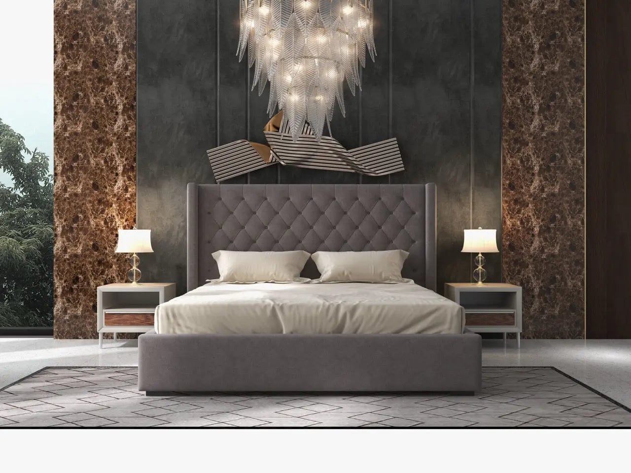 Pat dormitor dumonde, tapitat gri, Luxury 160x200 cm, somiera rabatabila inclusa, spatiu depozitare