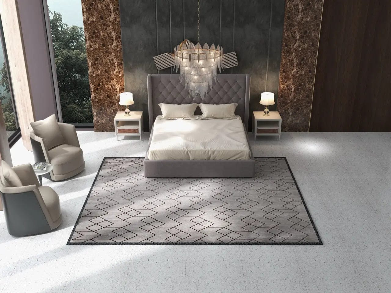 Pat dormitor dumonde, tapitat gri, Luxury 160x200 cm, somiera rabatabila inclusa, spatiu depozitare