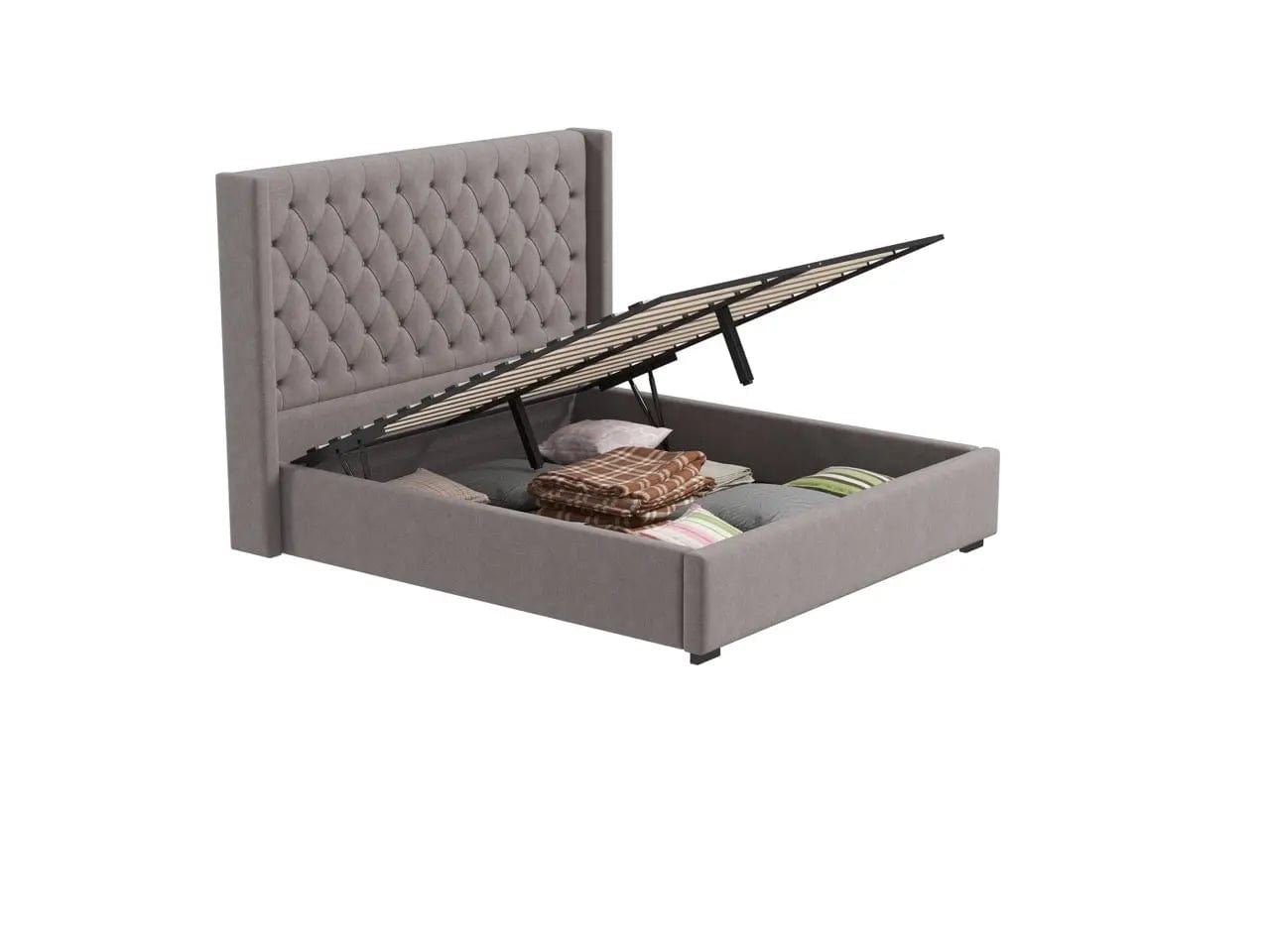 Pat dormitor dumonde, tapitat gri, Luxury 160x200 cm, somiera rabatabila inclusa, spatiu depozitare