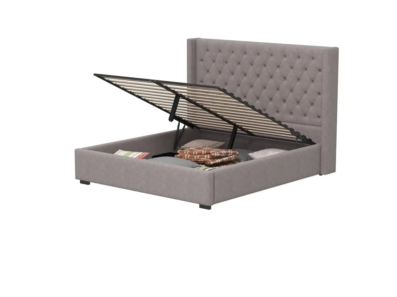 Pat dormitor dumonde, tapitat gri, Luxury 160x200 cm, somiera rabatabila inclusa, spatiu depozitare