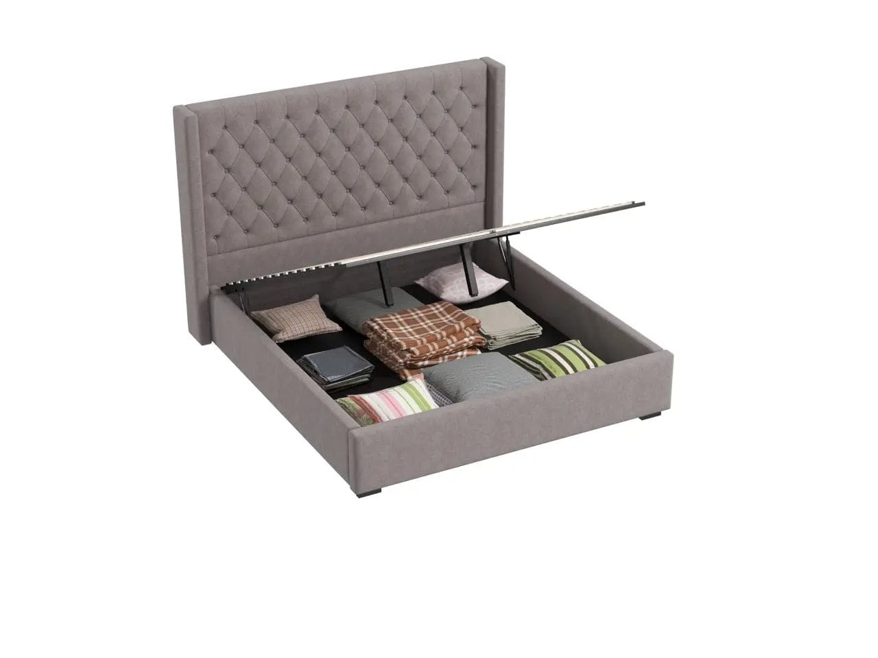 Pat dormitor dumonde, tapitat gri, Luxury 160x200 cm, somiera rabatabila inclusa, spatiu depozitare