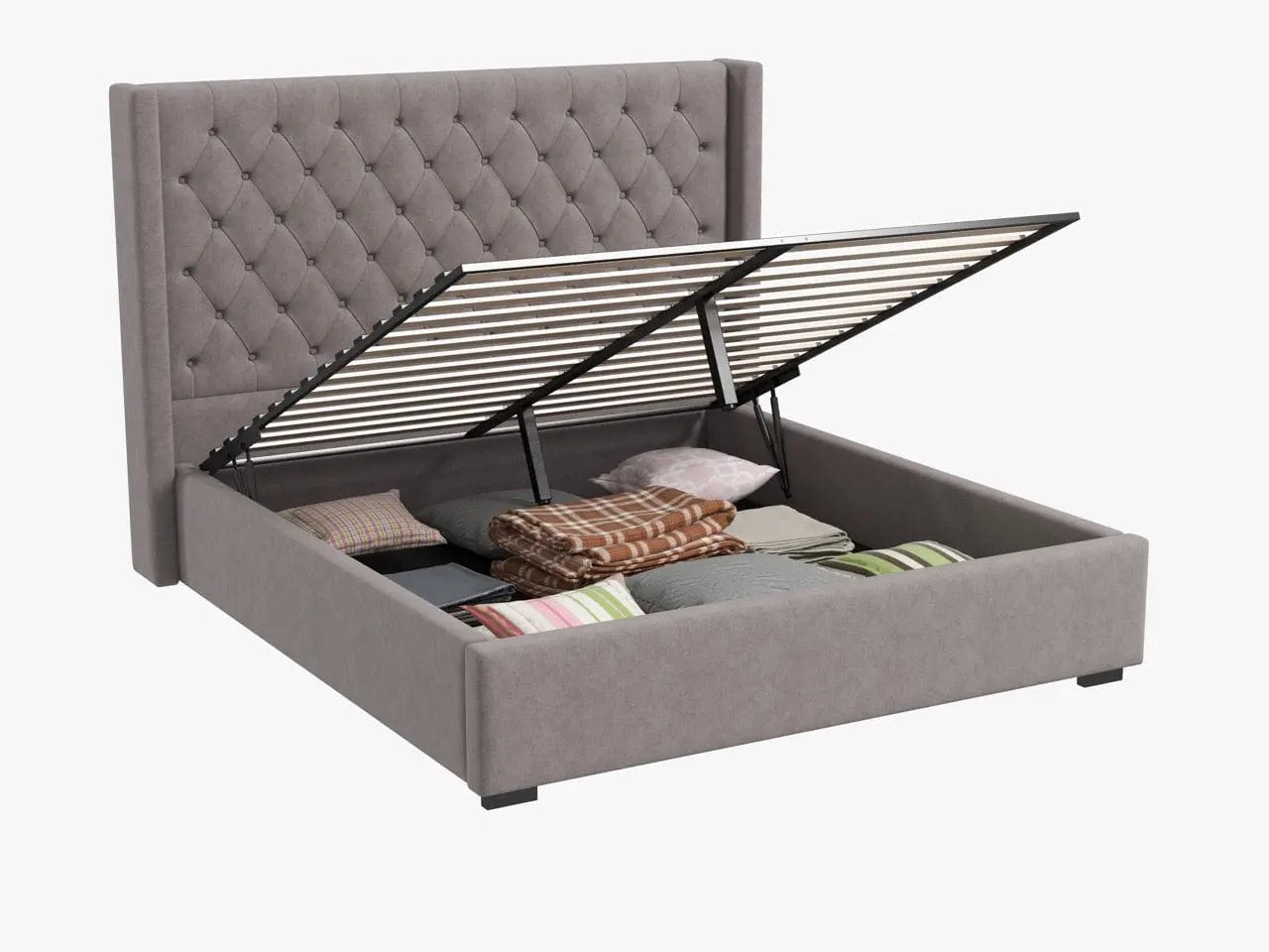 Pat dormitor dumonde, tapitat gri, Luxury 160x200 cm, somiera rabatabila inclusa, spatiu depozitare