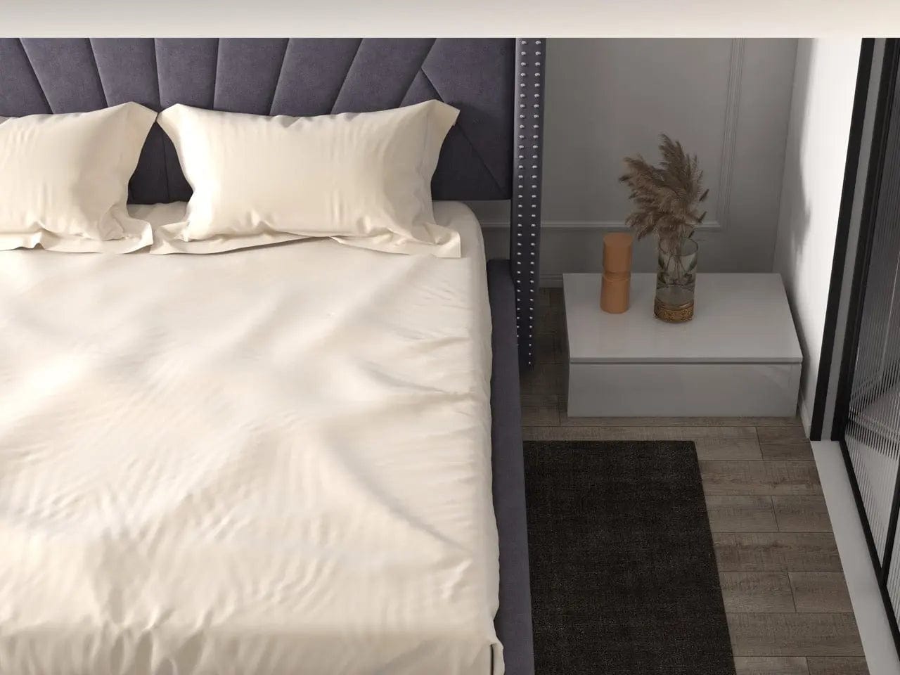 Pat dormitor tapitat gri, Amalfi 160x200 cm, somiera rabatabila inclusa, spatiu depozitare