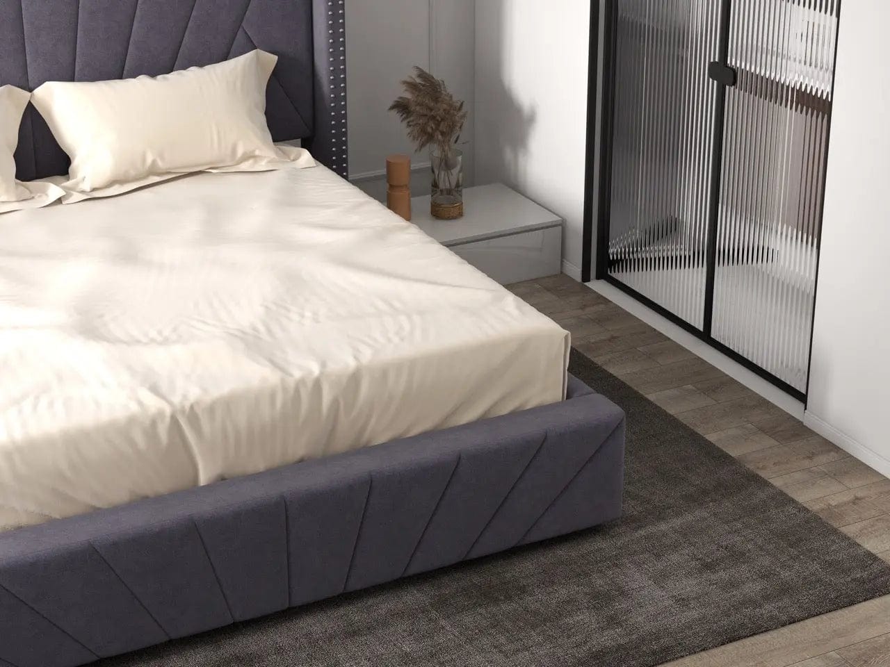 Pat dormitor tapitat gri, Amalfi 160x200 cm, somiera rabatabila inclusa, spatiu depozitare