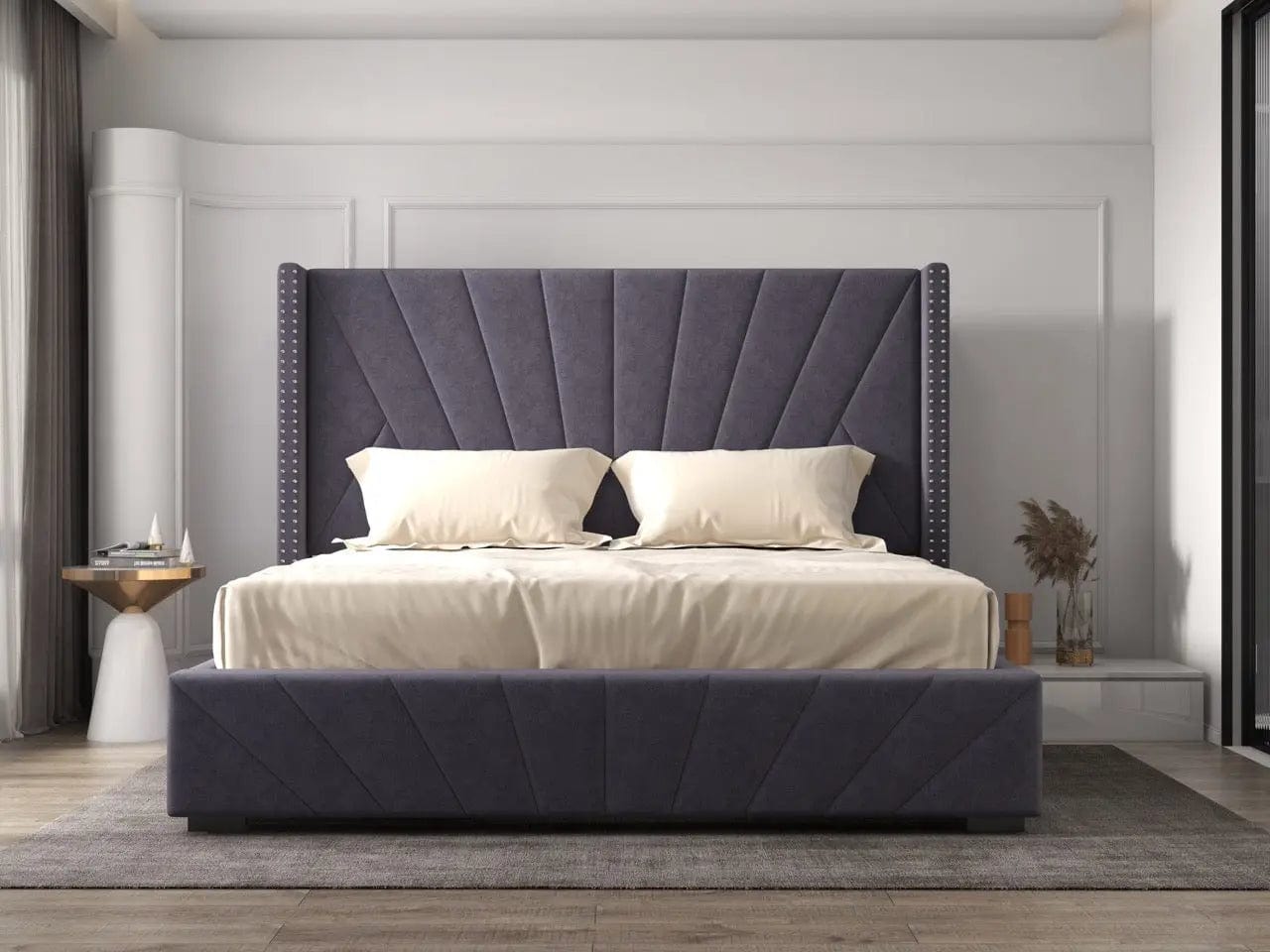 Pat dormitor tapitat gri, Amalfi 160x200 cm, somiera rabatabila inclusa, spatiu depozitare