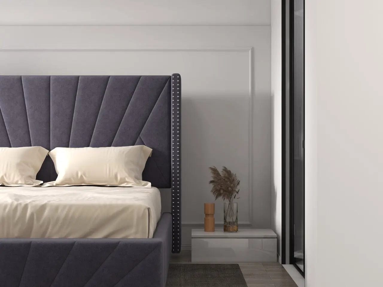 Pat dormitor tapitat gri, Amalfi 160x200 cm, somiera rabatabila inclusa, spatiu depozitare