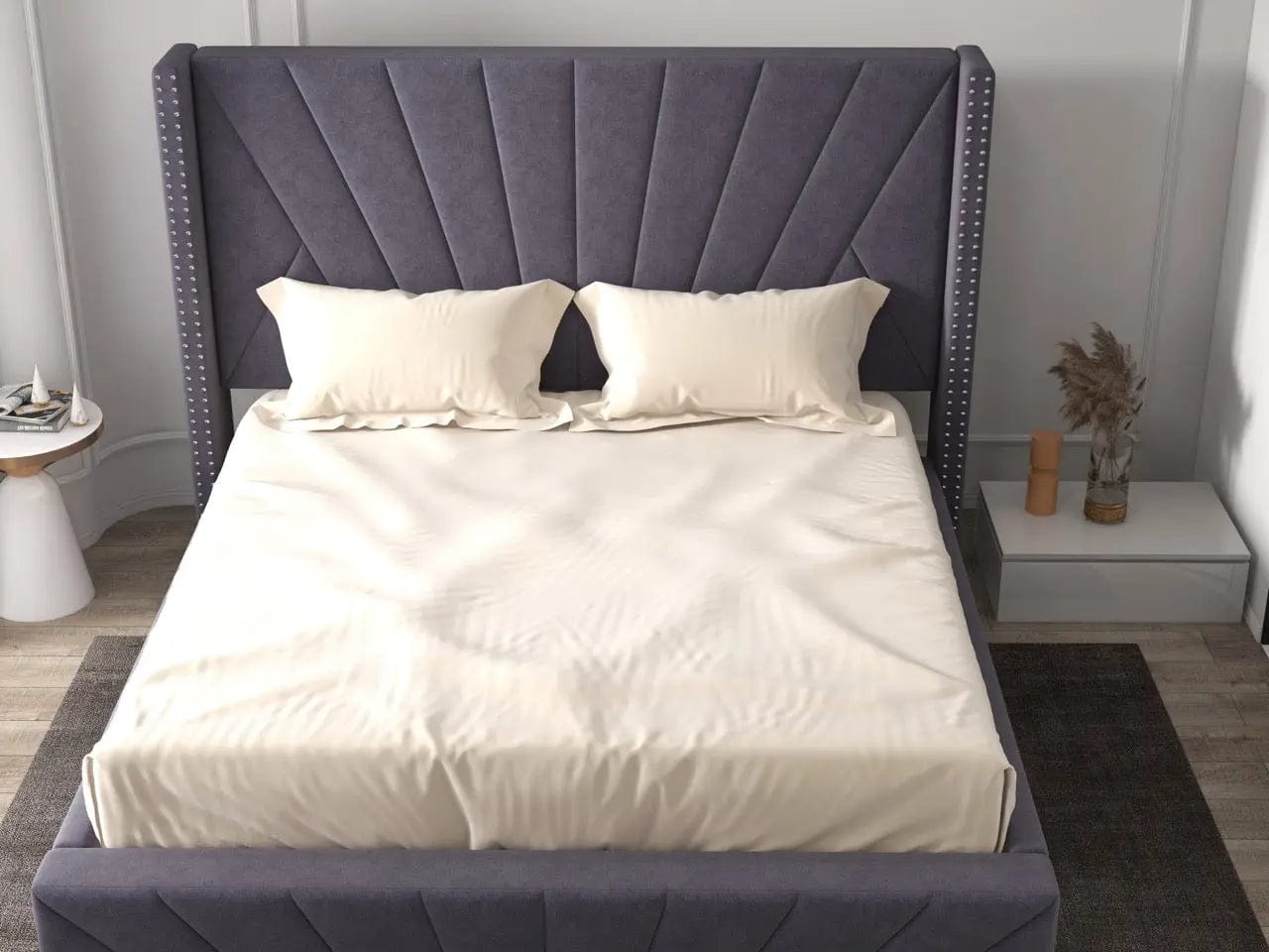 Pat dormitor tapitat gri, Amalfi 160x200 cm, somiera rabatabila inclusa, spatiu depozitare
