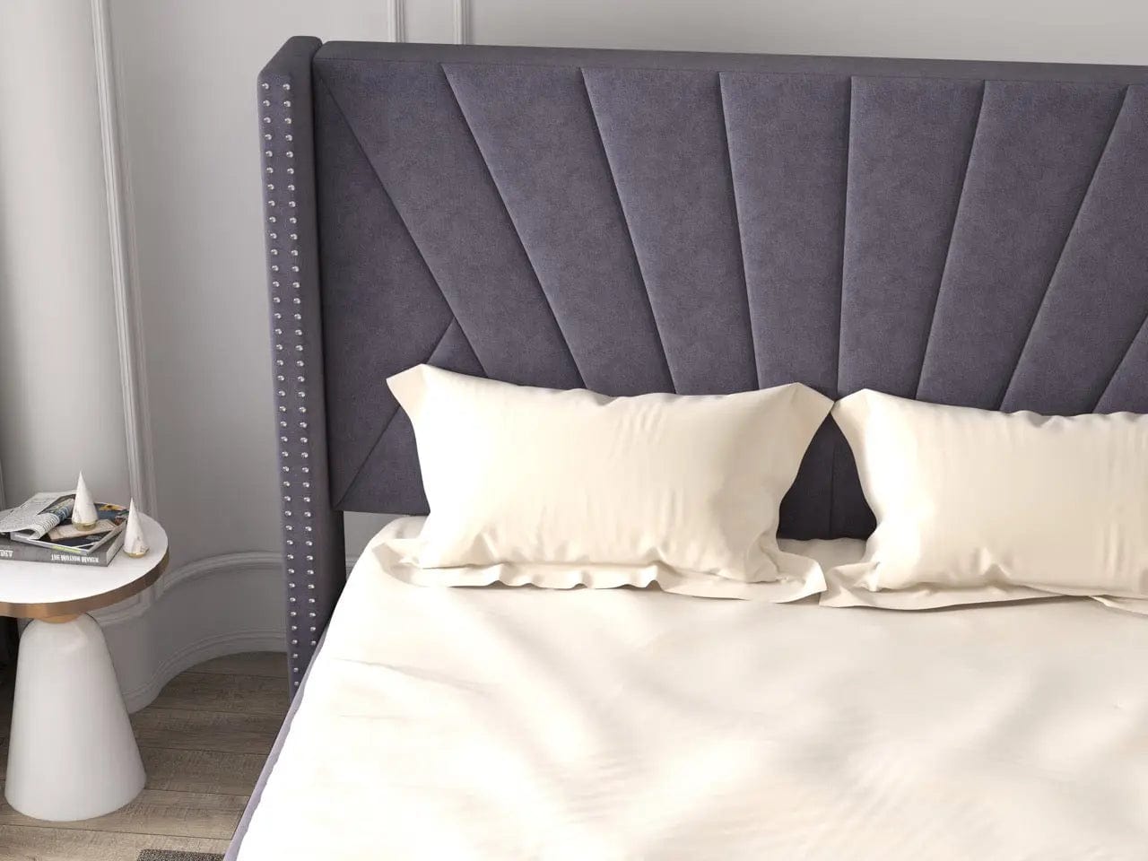 Pat dormitor tapitat gri, Amalfi 160x200 cm, somiera rabatabila inclusa, spatiu depozitare