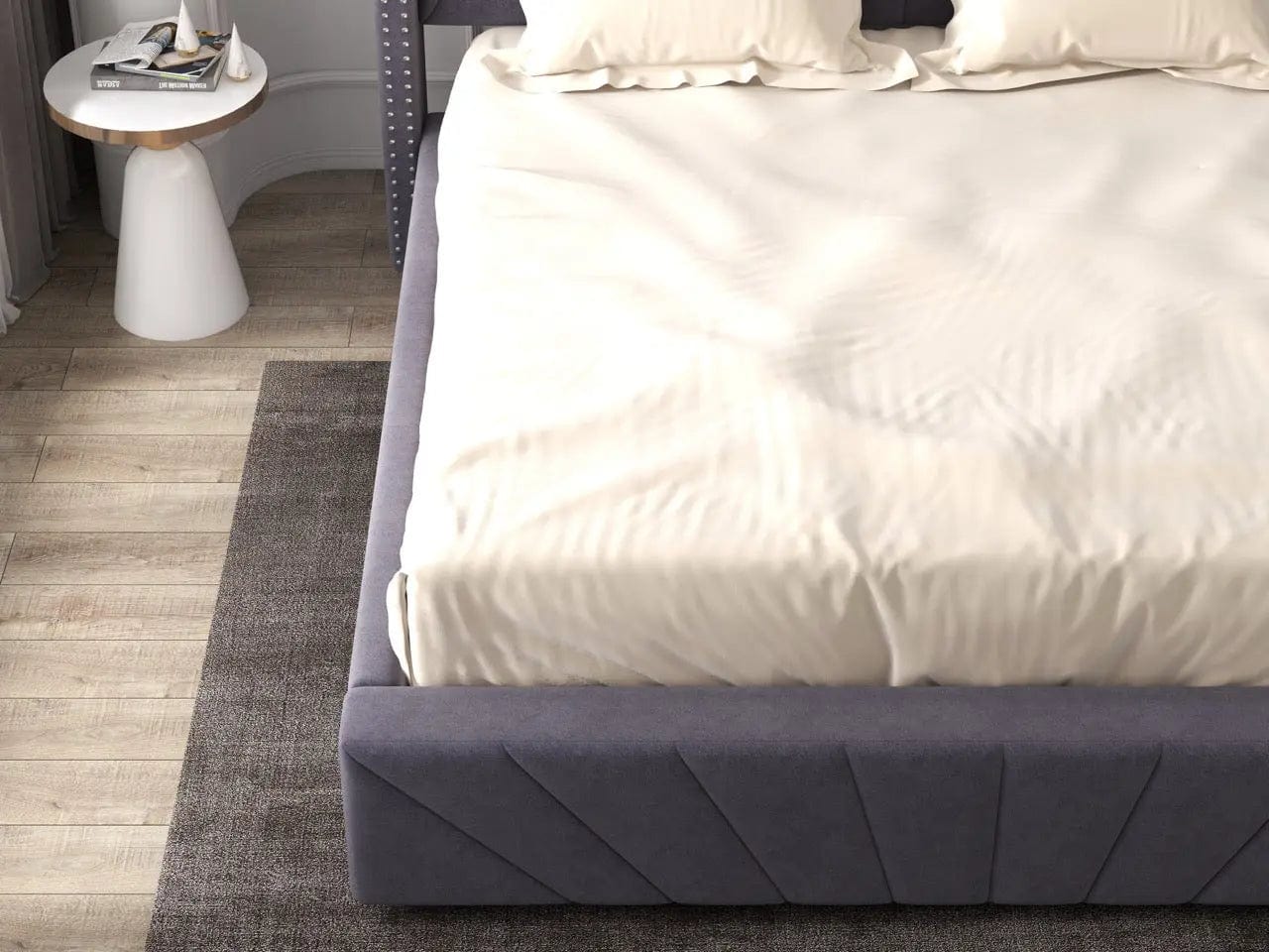 Pat dormitor tapitat gri, Amalfi 160x200 cm, somiera rabatabila inclusa, spatiu depozitare