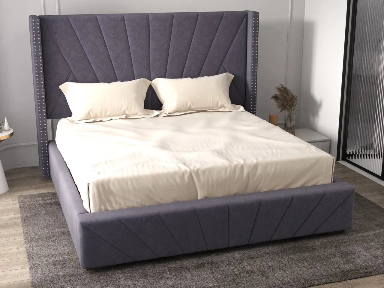 Pat dormitor tapitat gri, Amalfi 160x200 cm, somiera rabatabila inclusa, spatiu depozitare