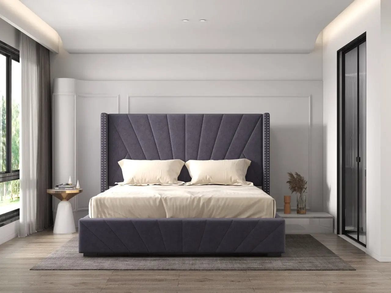 Pat dormitor tapitat gri, Amalfi 160x200 cm, somiera rabatabila inclusa, spatiu depozitare