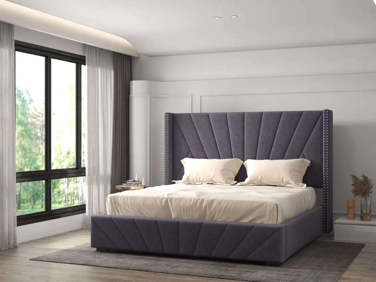 Pat dormitor tapitat gri, Amalfi 160x200 cm, somiera rabatabila inclusa, spatiu depozitare