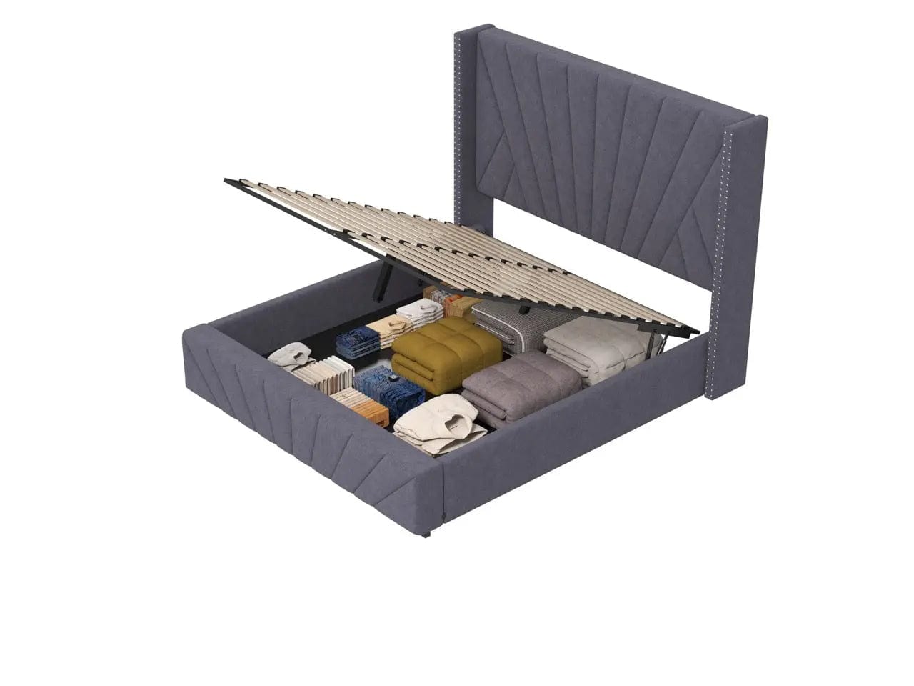 Pat dormitor tapitat gri, Amalfi 160x200 cm, somiera rabatabila inclusa, spatiu depozitare
