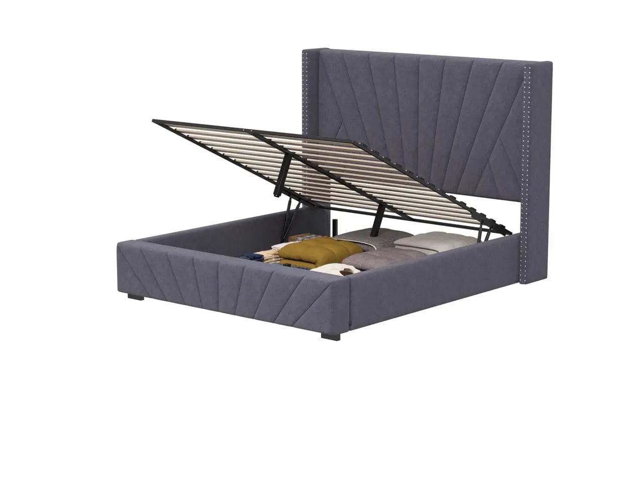 Pat dormitor tapitat gri, Amalfi 160x200 cm, somiera rabatabila inclusa, spatiu depozitare