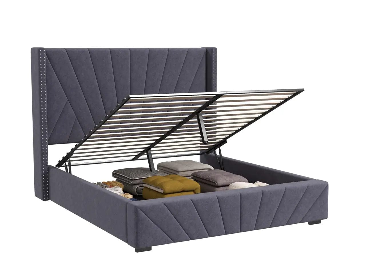Pat dormitor tapitat gri, Amalfi 160x200 cm, somiera rabatabila inclusa, spatiu depozitare