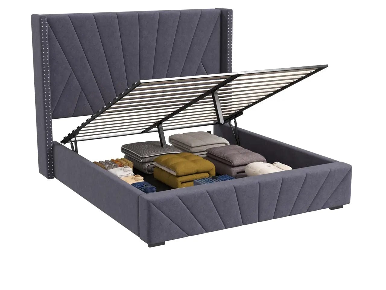 Pat dormitor tapitat gri, Amalfi 160x200 cm, somiera rabatabila inclusa, spatiu depozitare