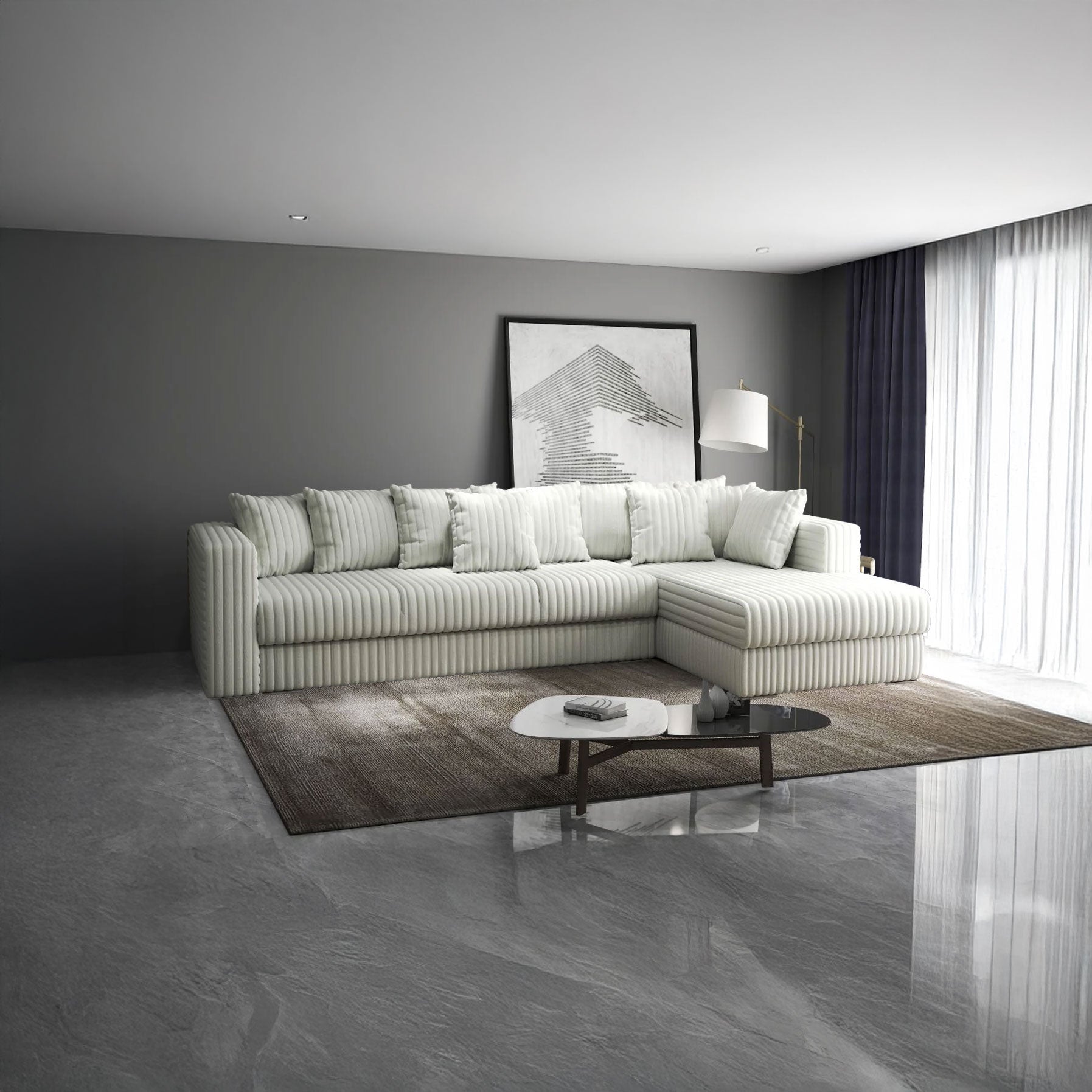 Colțar extensibil dumonde cu ladă de depozitare si sezut confortabil din spuma HR, Gloria Bej Ambience II 320x183 cm Fabrica