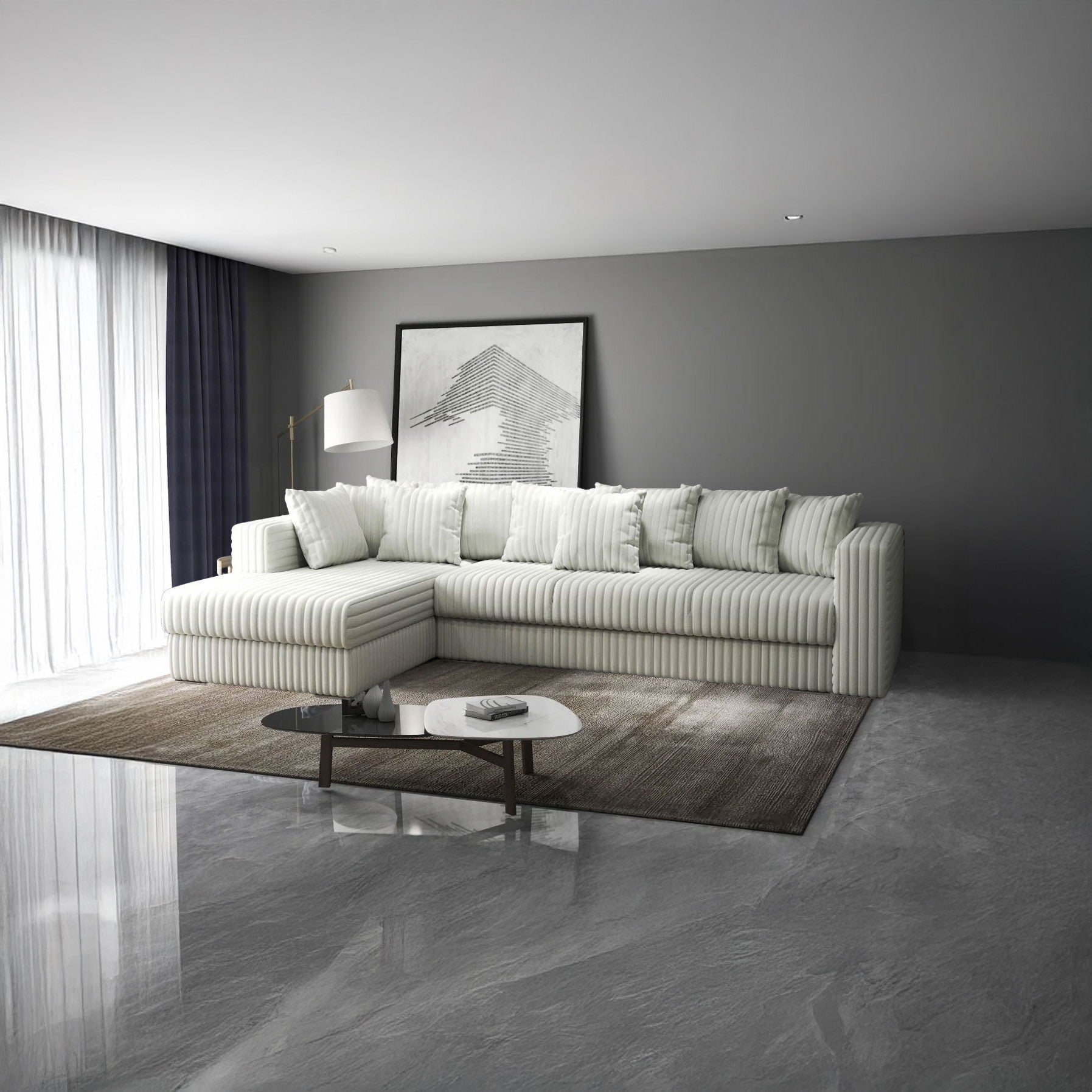 Colțar extensibil dumonde cu ladă de depozitare si sezut confortabil din spuma HR, Gloria Bej Ambience 320x183 cm Fabrica