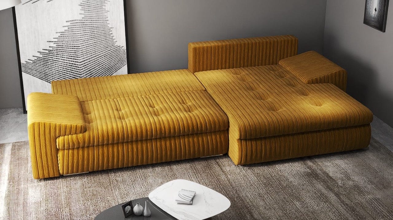 Colțar extensibil dumonde cu ladă de depozitare si sezut confortabil din spuma HR, Leonardo Ambience Mustar 260x185 cm II Fabrica