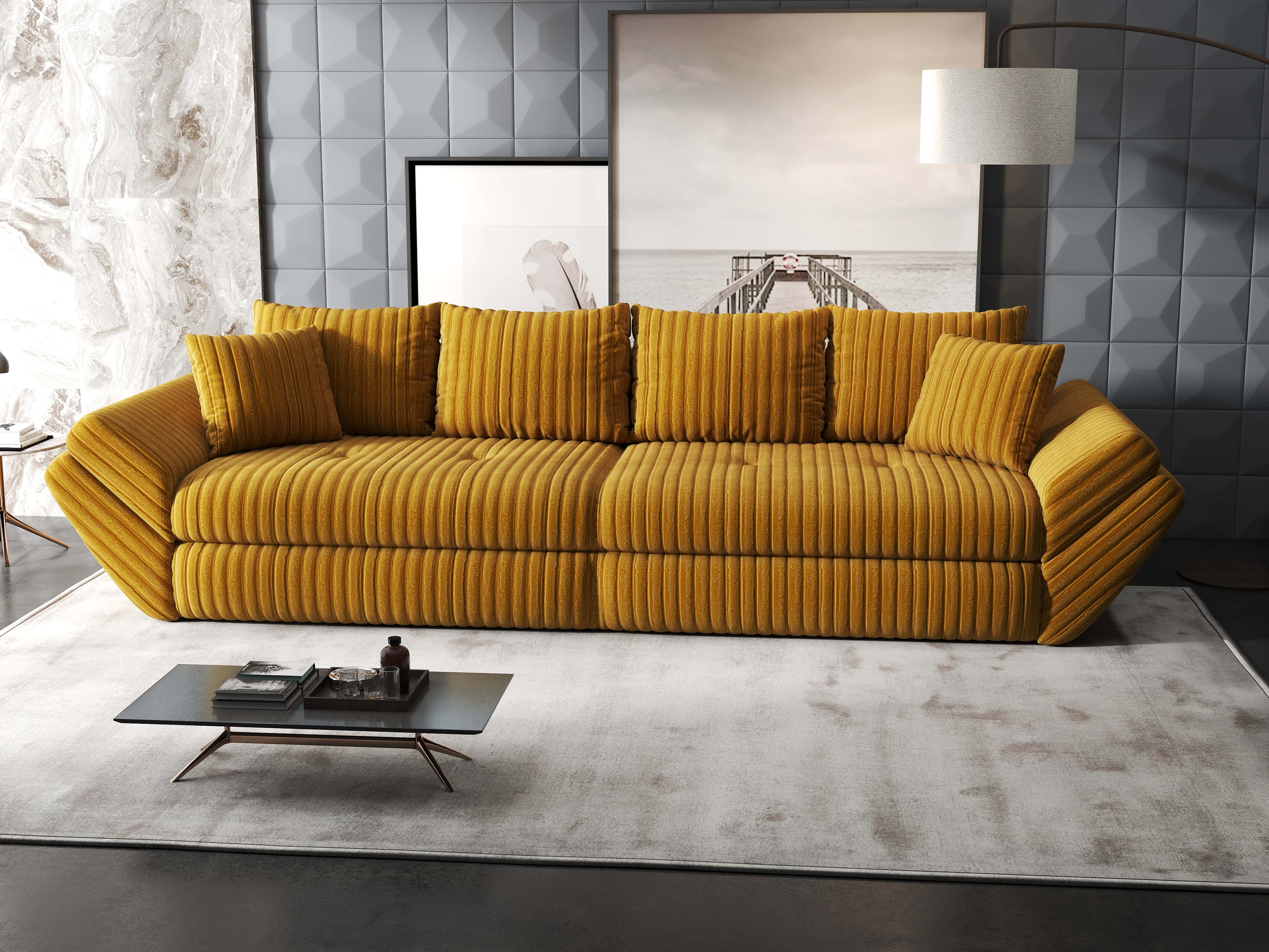 Canapea extensibilă dumonde cu ladă de depozitare si sezut confortabil din spuma HR, Loana Ambience Mustar 300x100 cm Fabrica