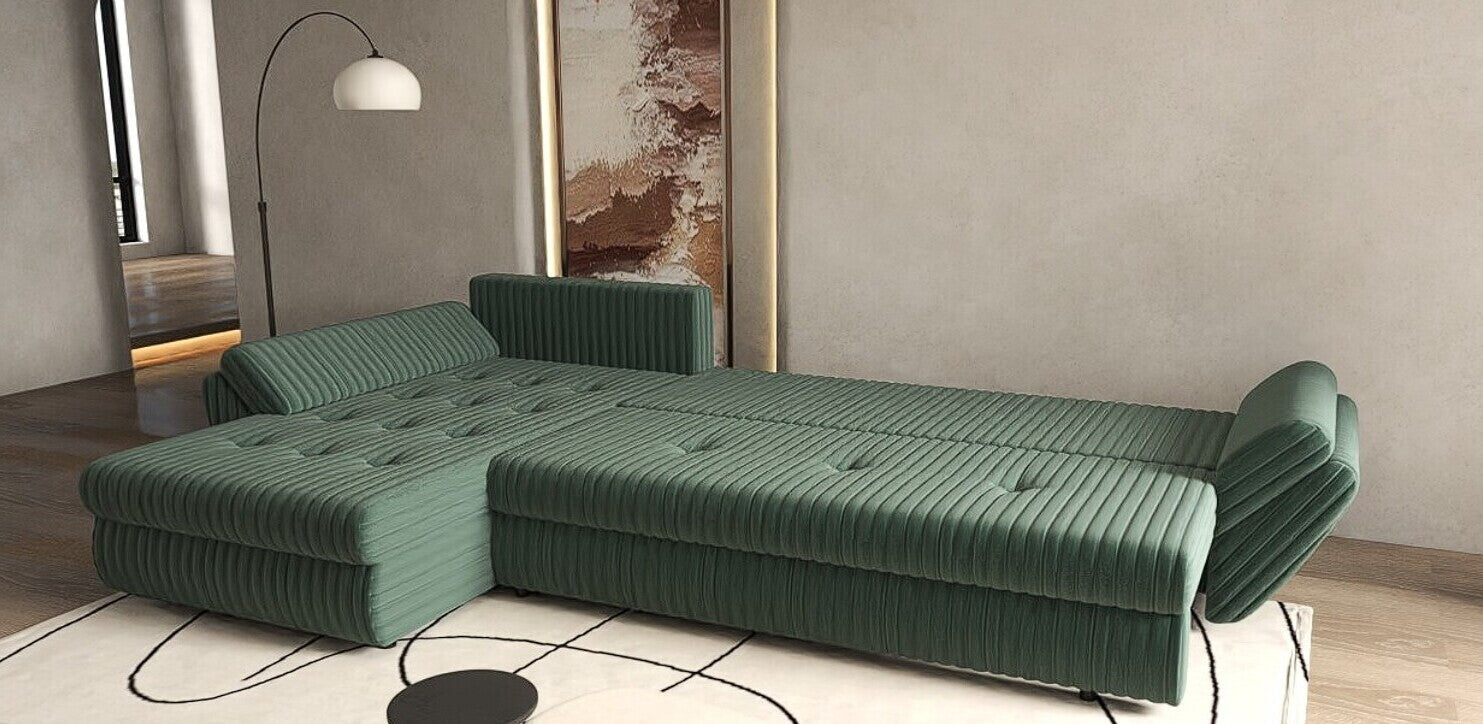 Colțar extensibil dumonde cu ladă de depozitare si sezut confortabil din spuma HR, Loana XL Ambience Verde II 335x185 cm Fabrica