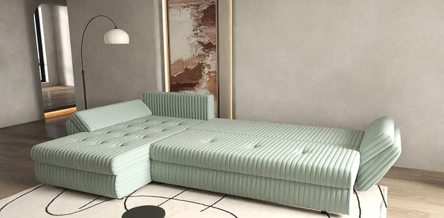 Colțar extensibil dumonde cu ladă de depozitare si sezut confortabil din spuma HR, Loana XL Ambience Mint II 335x185 cm Fabrica