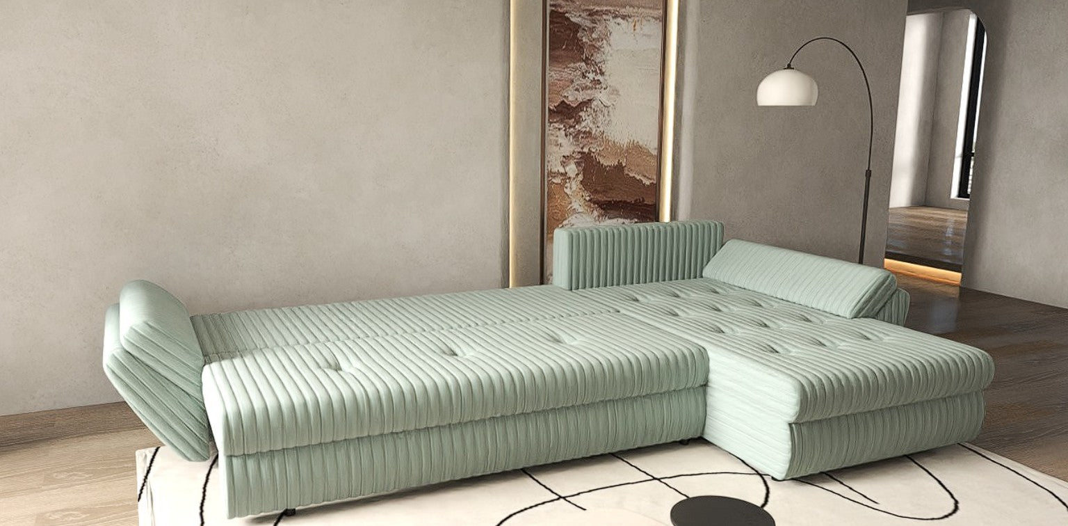 Colțar extensibil dumonde cu ladă de depozitare si sezut confortabil din spuma HR, Loana XL Ambience Mint 335x185 cm Fabrica