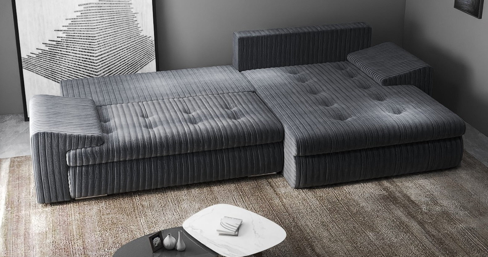 Colțar extensibil dumonde cu ladă de depozitare si sezut confortabil din spuma HR, Leonardo Ambience Gri 260x185 cm II Fabrica