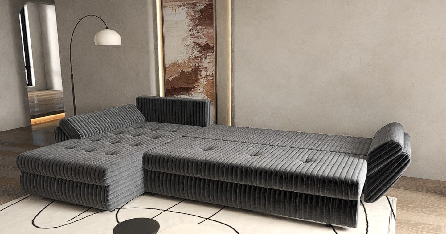 Colțar extensibil dumonde cu ladă de depozitare si sezut confortabil din spuma HR, Loana XL Ambience Gri II 335x185 cm Fabrica