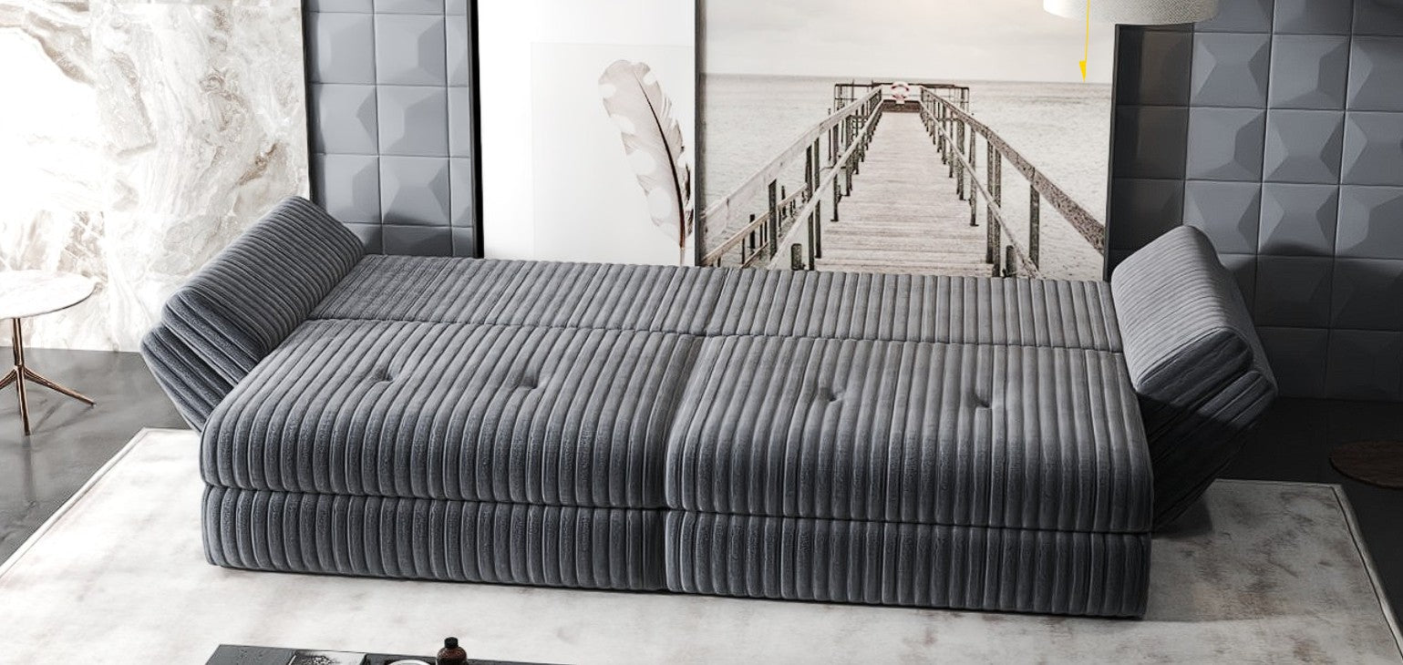 Canapea extensibilă dumonde cu ladă de depozitare si sezut confortabil din spuma HR, Loana Ambience Gri 300x100 cm Fabrica