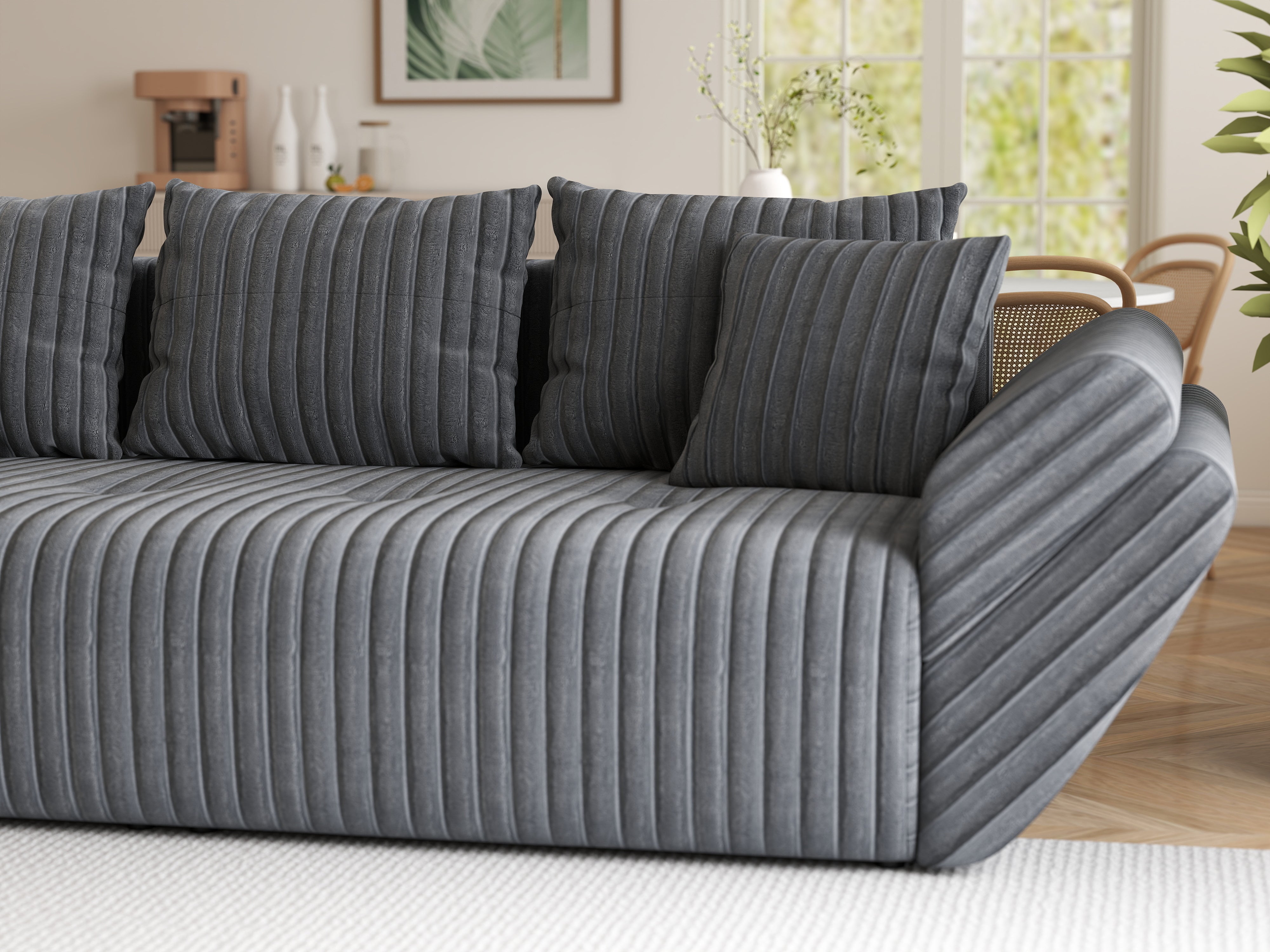 Canapea extensibilă dumonde cu ladă de depozitare si sezut confortabil din spuma HR, Berlin Ambience Grey 250x100 cm Fabrica