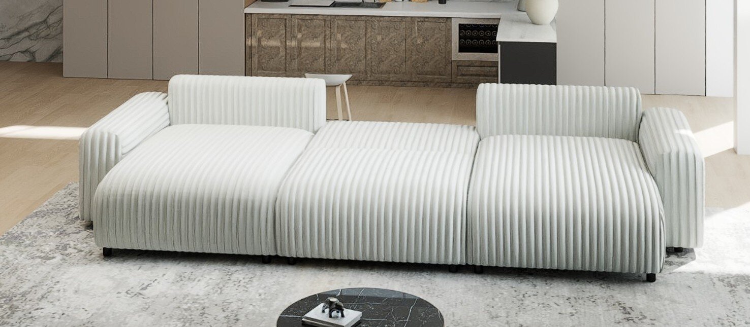 Colțar extensibil dumonde cu ladă de depozitare si sezut confortabil din spuma HR, Luma U Ambience Alb 336x140 cm