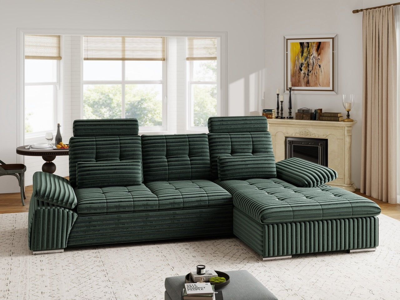 Colțar extensibil dumonde cu ladă de depozitare și șezut confortabil din spumă HR, Merkur Ambience Verde 270x168 cm II