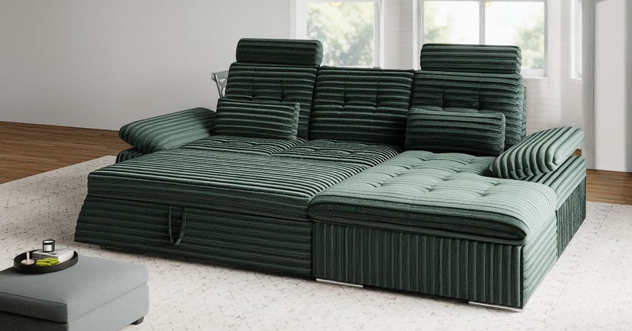 Colțar extensibil dumonde cu ladă de depozitare și șezut confortabil din spumă HR, Merkur Ambience Verde 270x168 cm II