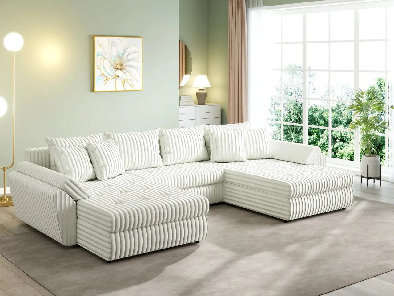 Colțar extensibil dumonde cu ladă de depozitare si sezut confortabil din spuma HR, Loana U Ambience Ivory 355x185 cm Fabrica