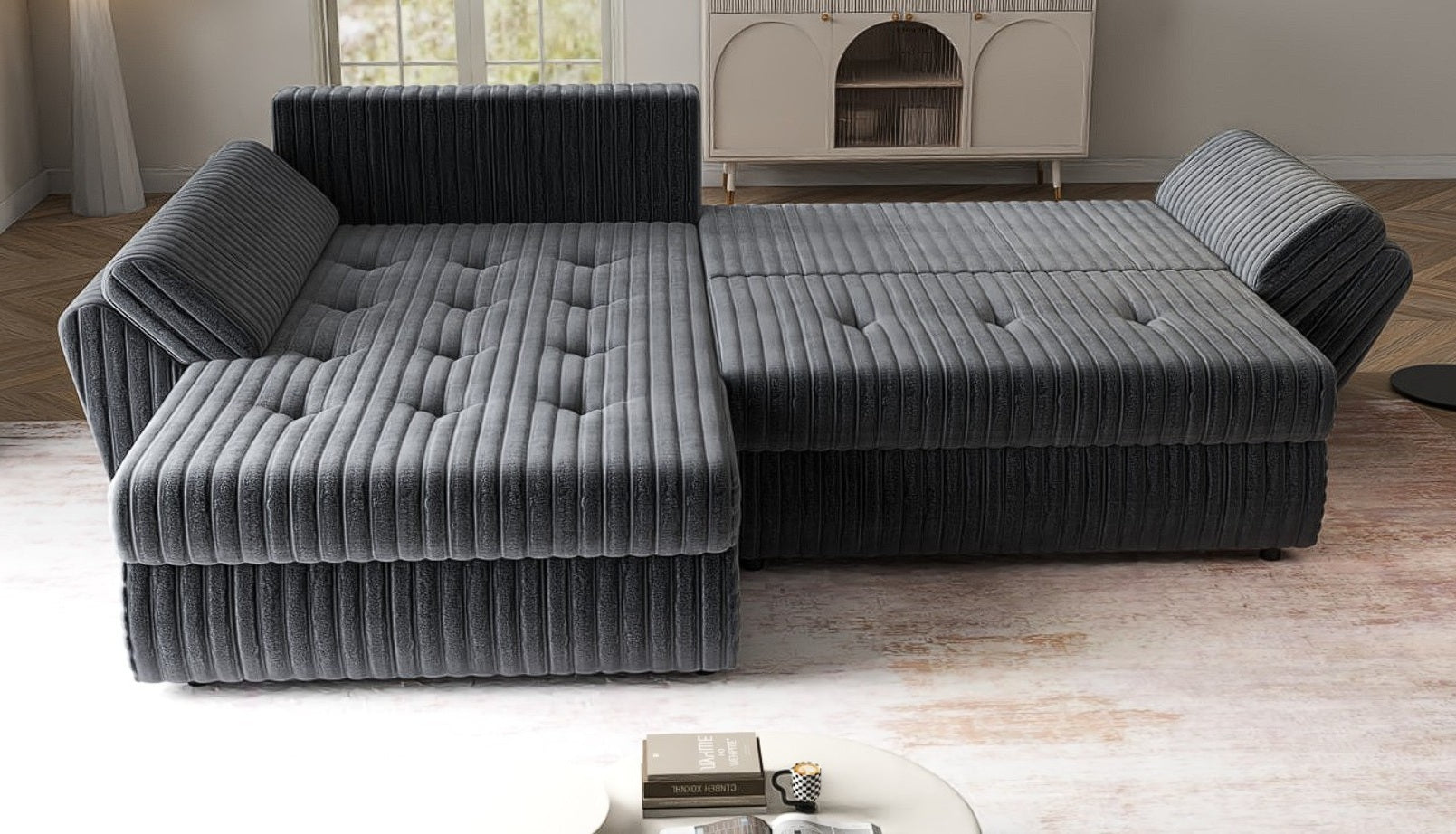 Colțar extensibil dumonde cu ladă de depozitare si sezut confortabil din spuma HR, Loana Ambience Antracit 270x185 cm Fabrica