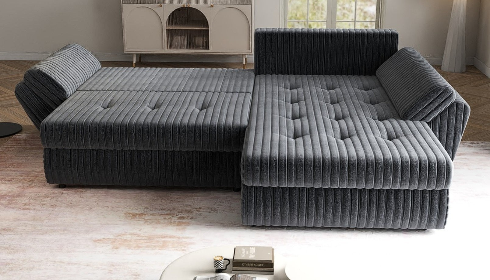 Colțar extensibil dumonde cu ladă de depozitare si sezut confortabil din spuma HR, Loana Ambience Antracit II 270x185 cm Fabrica