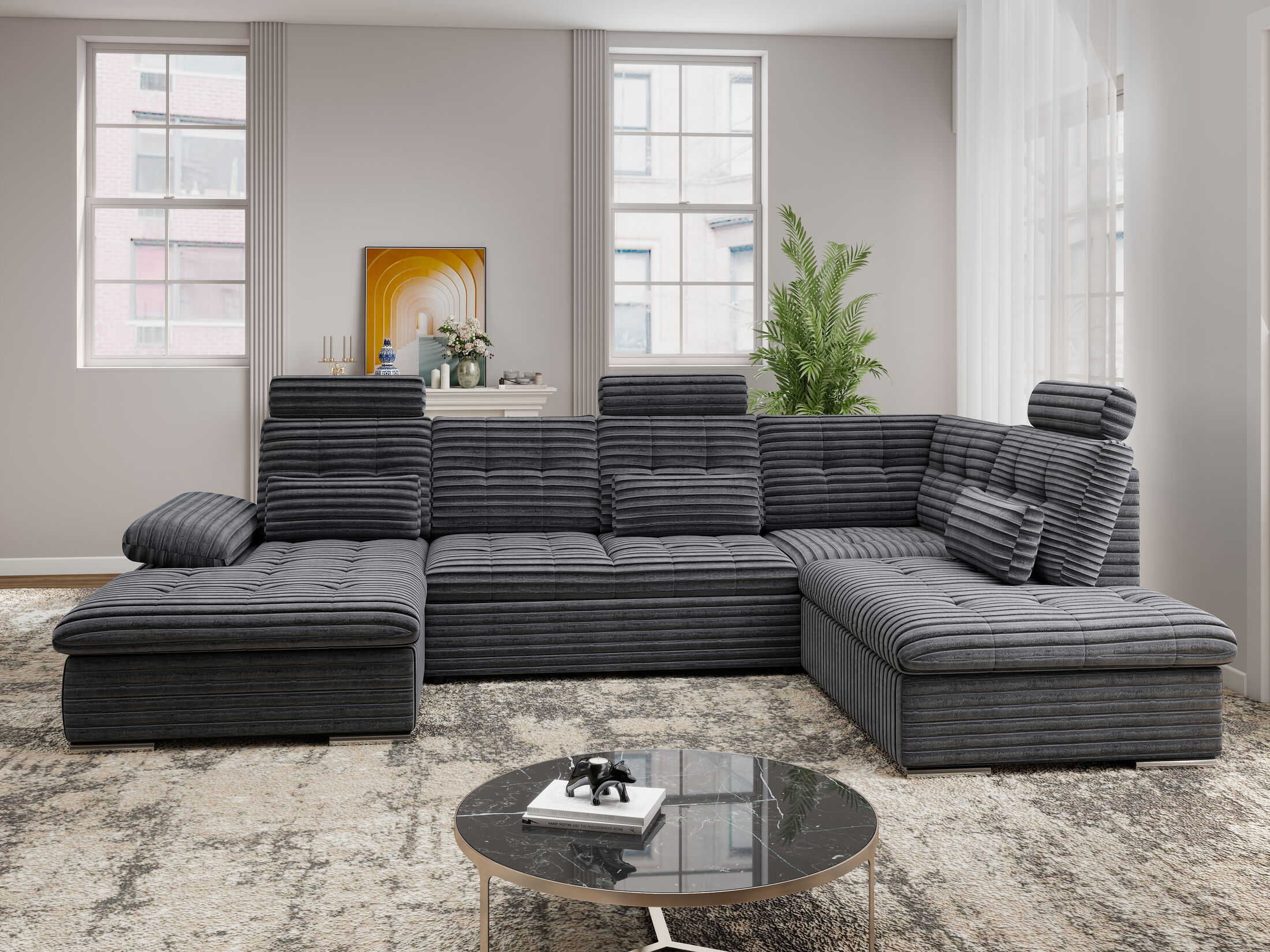 Colțar extensibil dumonde cu ladă de depozitare și șezut confortabil din spumă HR, Merkur U Ambience Gri 324x218 cm